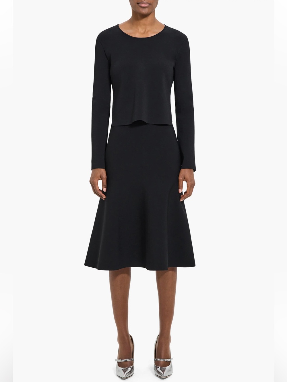 Theory Layered Trumpet Dress in Crepe Knit Black-size Small